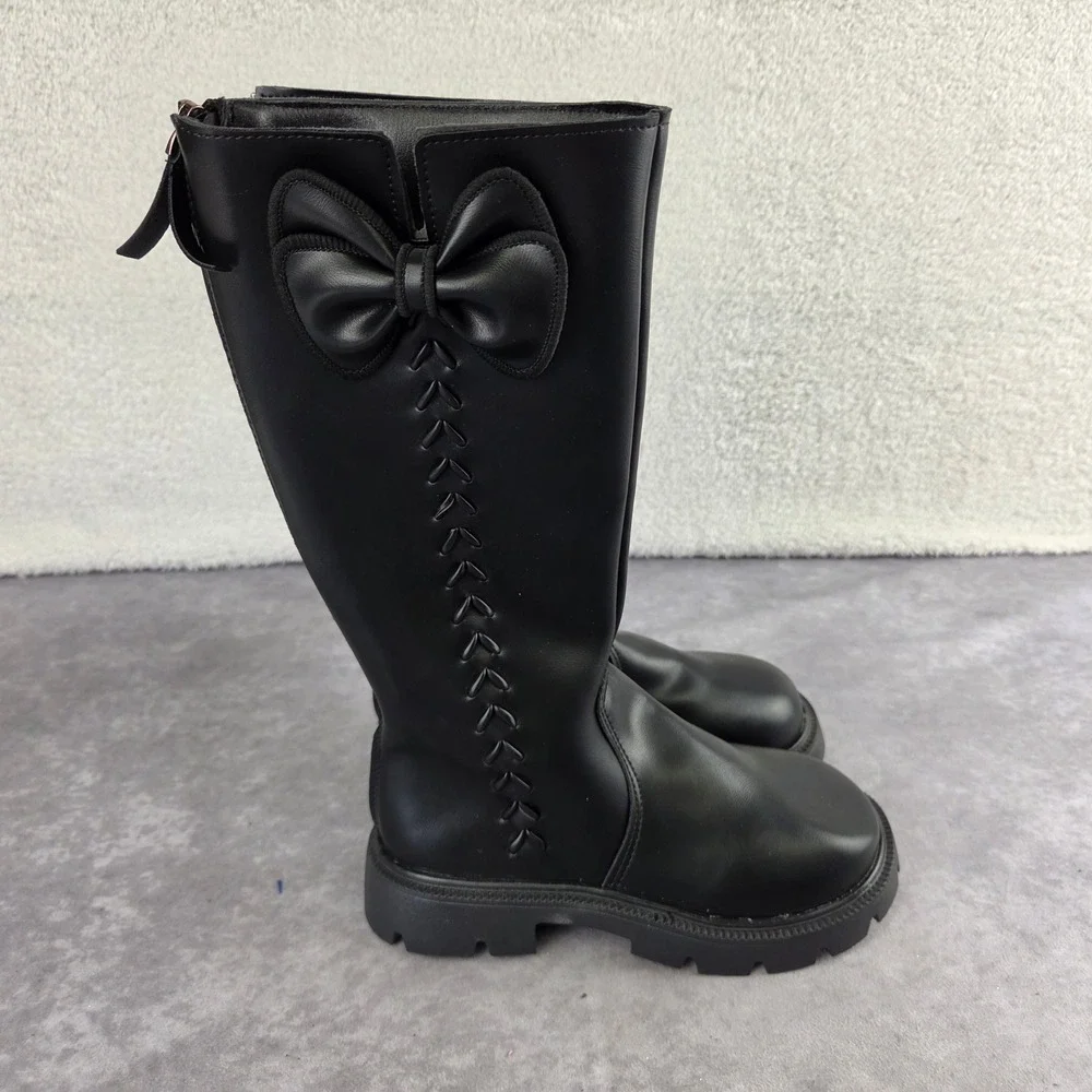 Kids Black Bow Detail Tall Lug Sole Boots Rear Zip Platform Size 33 S1890